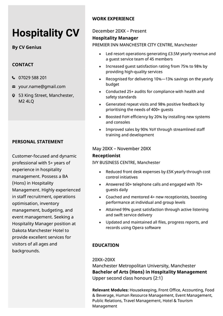 A hospitality CV example using the Worcester template.