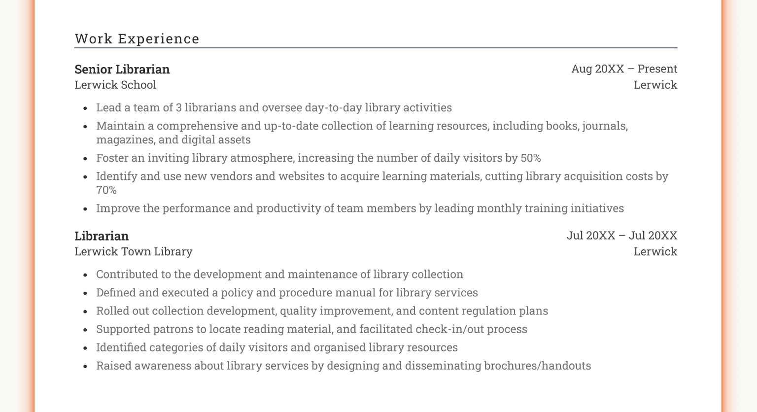 An example work experience section from a CV.