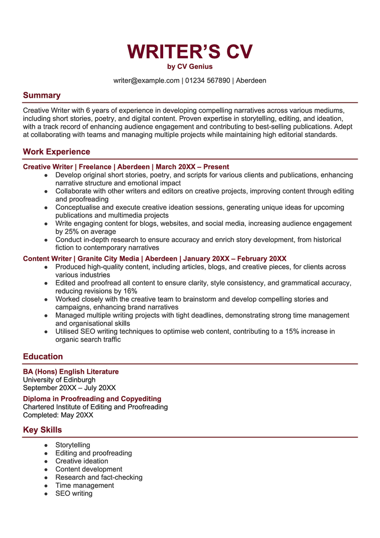 A writer's CV example.