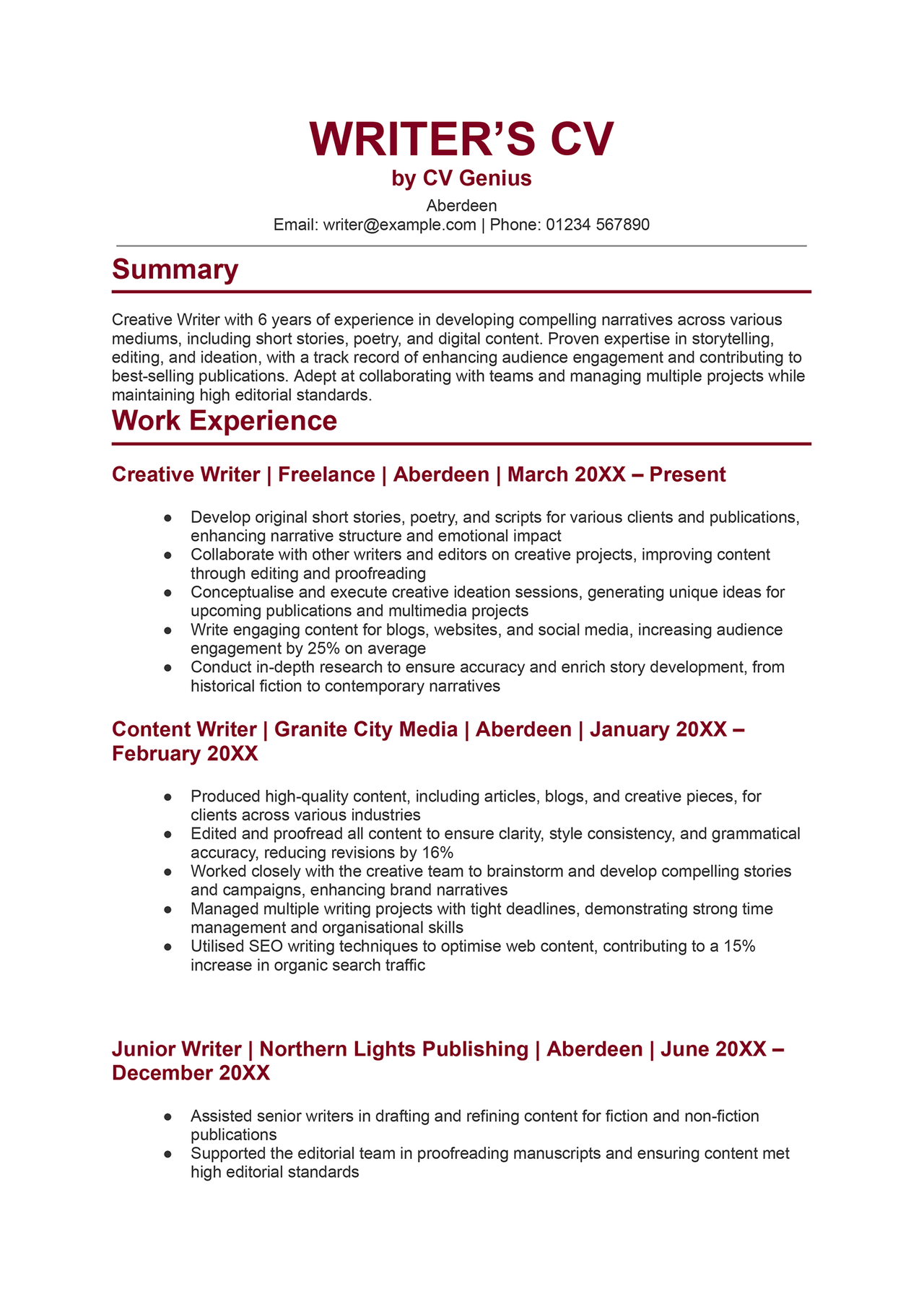 The first page of a writer's CV example