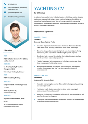 A yachting CV example, featuring a headshot of the applicant smiling in a collared shirt and two columns detailing their relevant experience and skills.