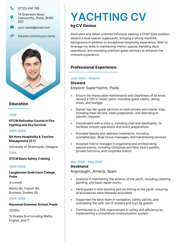 A yachting CV example, featuring a headshot of the applicant smiling in a collared shirt and two columns detailing their relevant experience and skills.