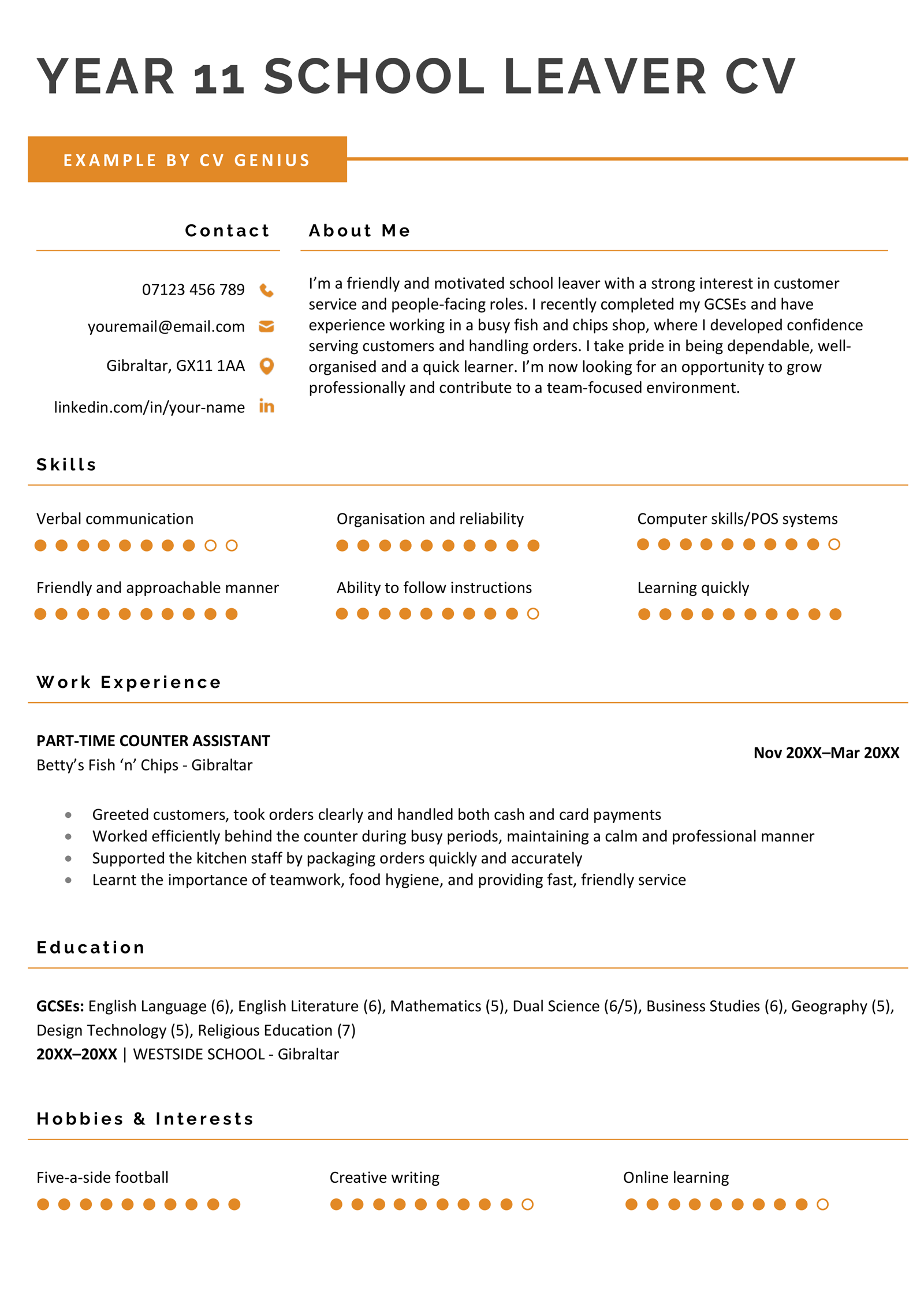 A Year 11 school leaver CV example.