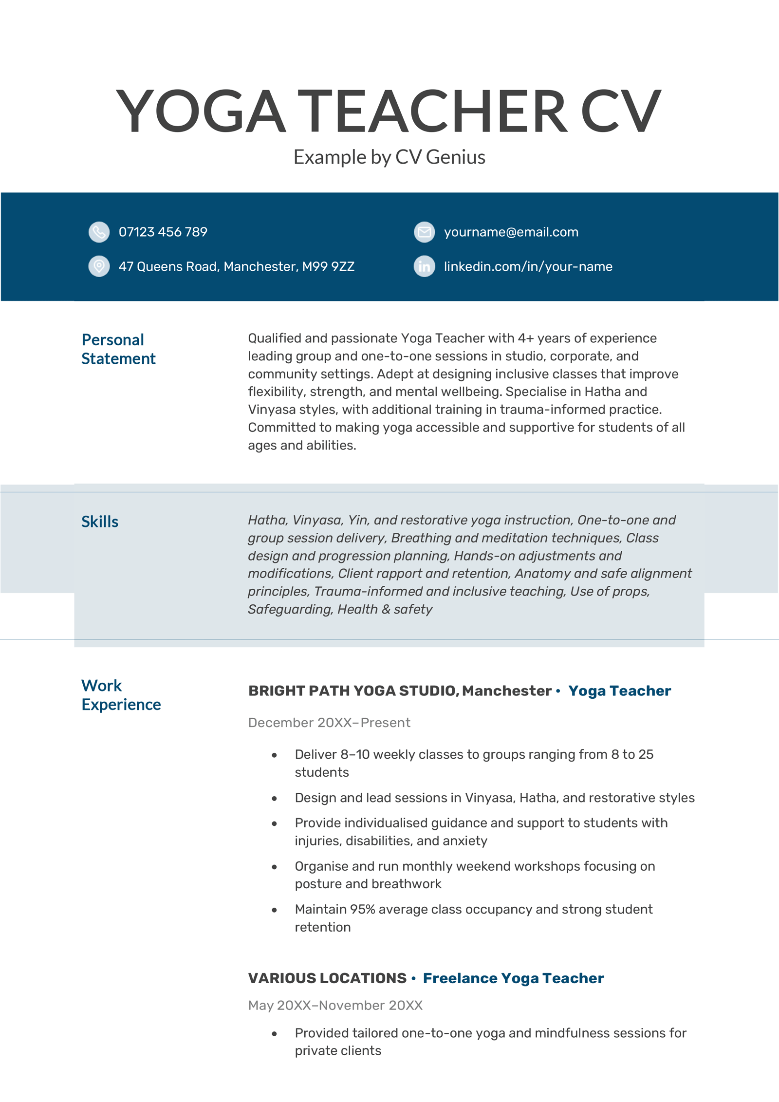 Page one of a Yoga Teacher CV Example.