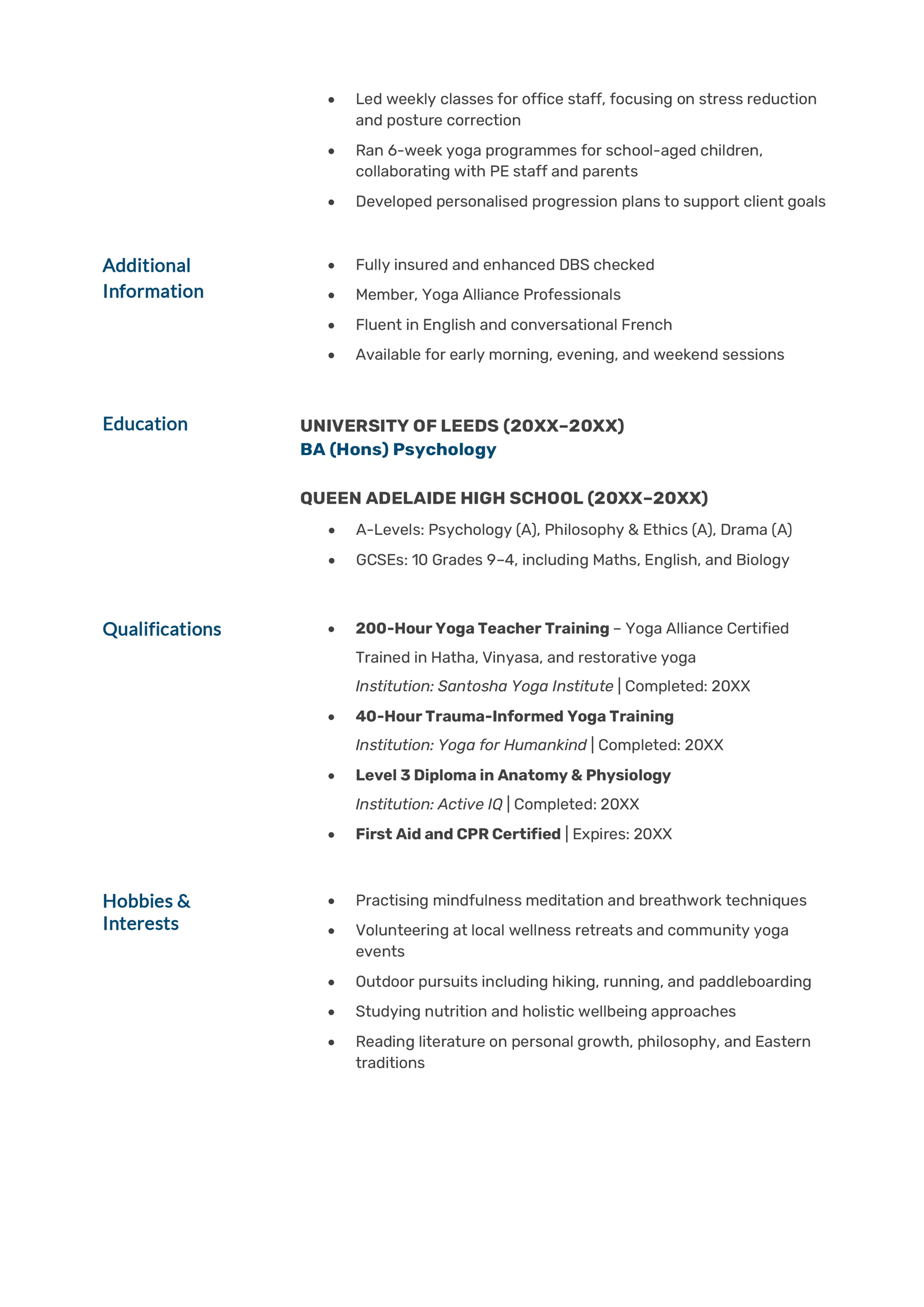 The second page of a Yoga Teacher CV example.