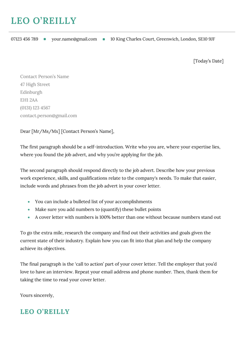 The York cover letter template in green.