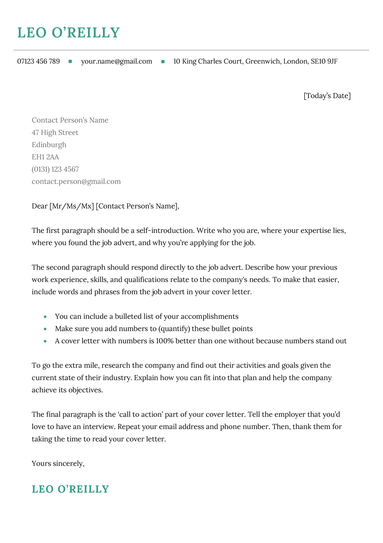 The York cover letter template in green.