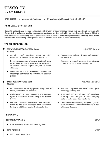 Tesco CV sample using the York template.