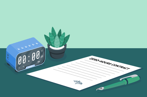 A zero-hour contract shown with a green pen on a desk beside a green plant and an alarm clock showing "0:00" as the time