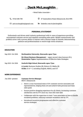basic and simple CV template with a centered black header and gray highlights, a centered personal statement, and left-aligned education and work experience details, page 1
