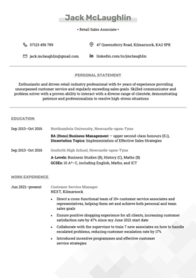 basic and simple CV template with a centered green header and gray highlights, a centered personal statement, and left-aligned education and work experience details, page 1