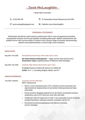 basic and simple CV template with a centered maroon header and gray highlights, a centered personal statement, and left-aligned education and work experience details, page 1