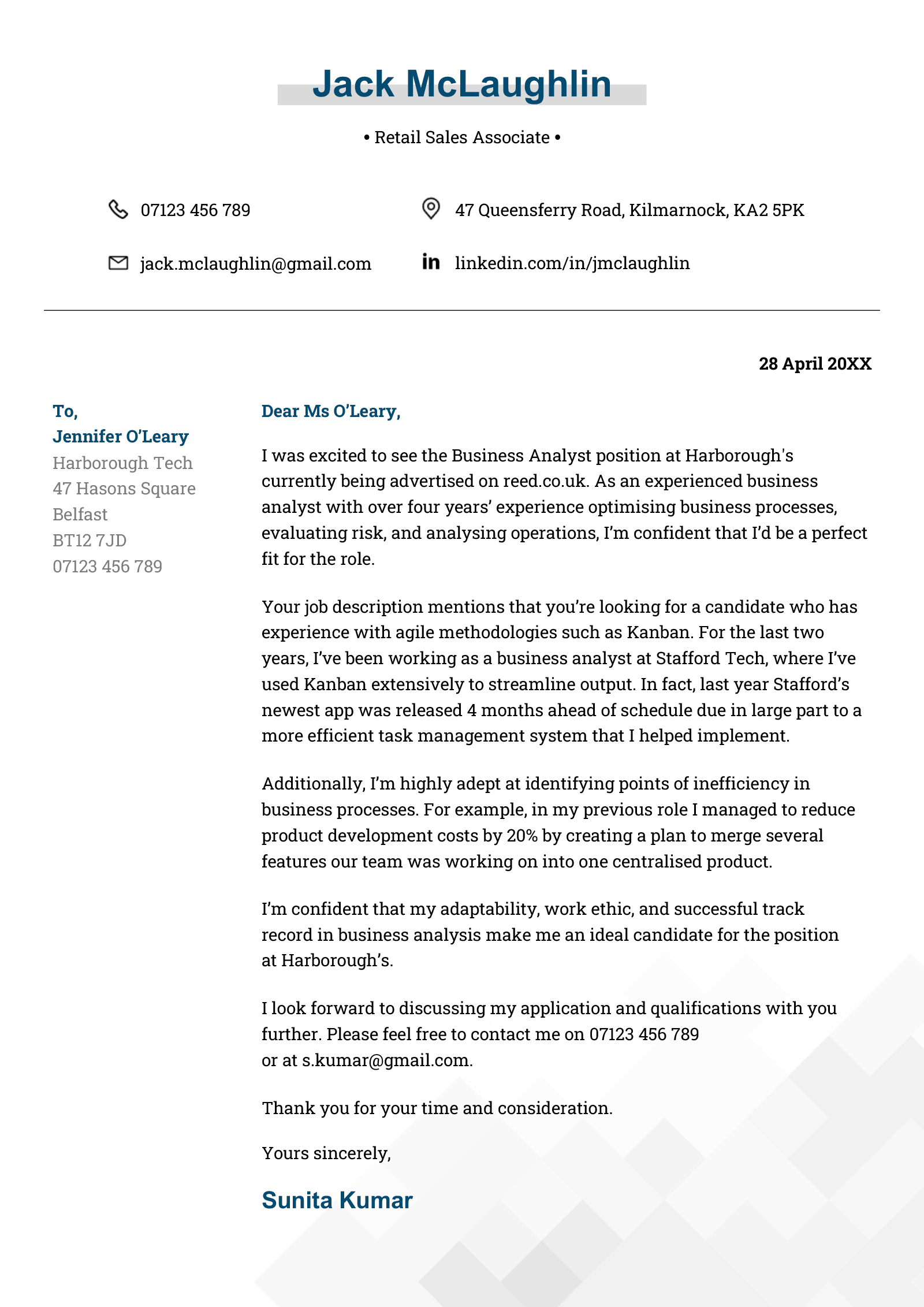 The Zetland cover letter template in blue