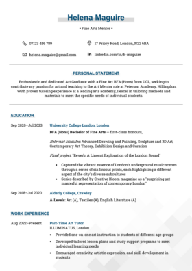 A blue creative CV template with a geometric pattern in the bottom right-hand corner, bold blue headers, and a modern serifed font.