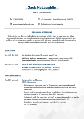 The Zetland CV template with a blue colour scheme. The contact information is in two columns in the header, a personal statement is centered below that, and the education and work experience section are left-aligned at the bottom. In the bottom right corner is a diagonally arranged pattern of squares in different shades of grey.