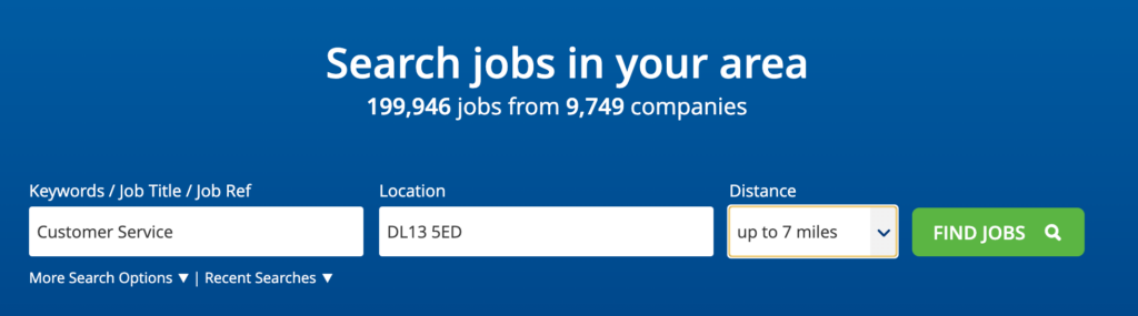 CV Library's job search interface, including spaces you can enter a job title, a postcode, and a distance range.